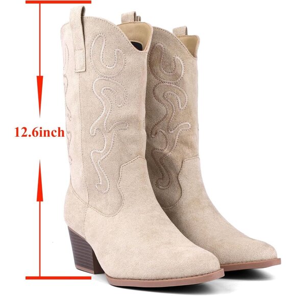 Women Beige Suede Mid Calf Chunky Block Heel Western Embroidered Fashion Boot - Picture 2 of 7